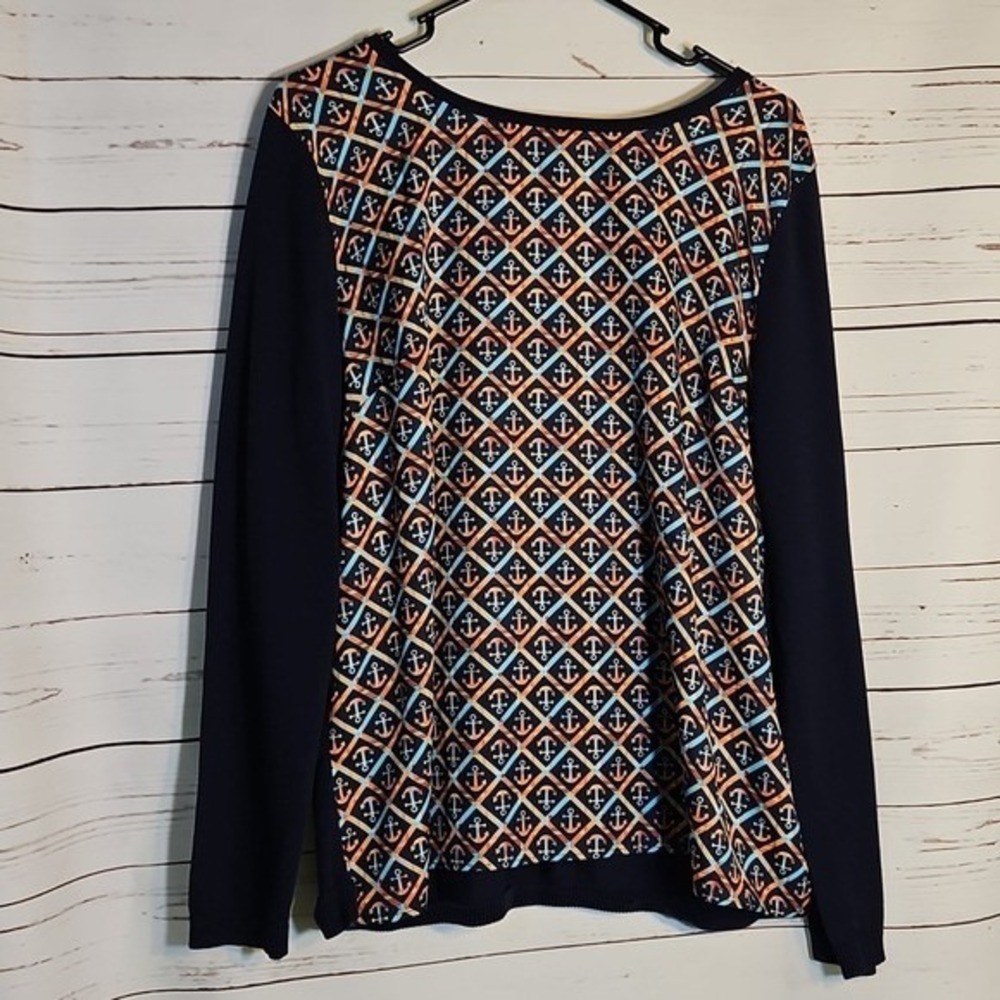 Talbots Womens Anchor Print Long‎ Sleeve Crew Neck Sweater Top Nautical Navy L